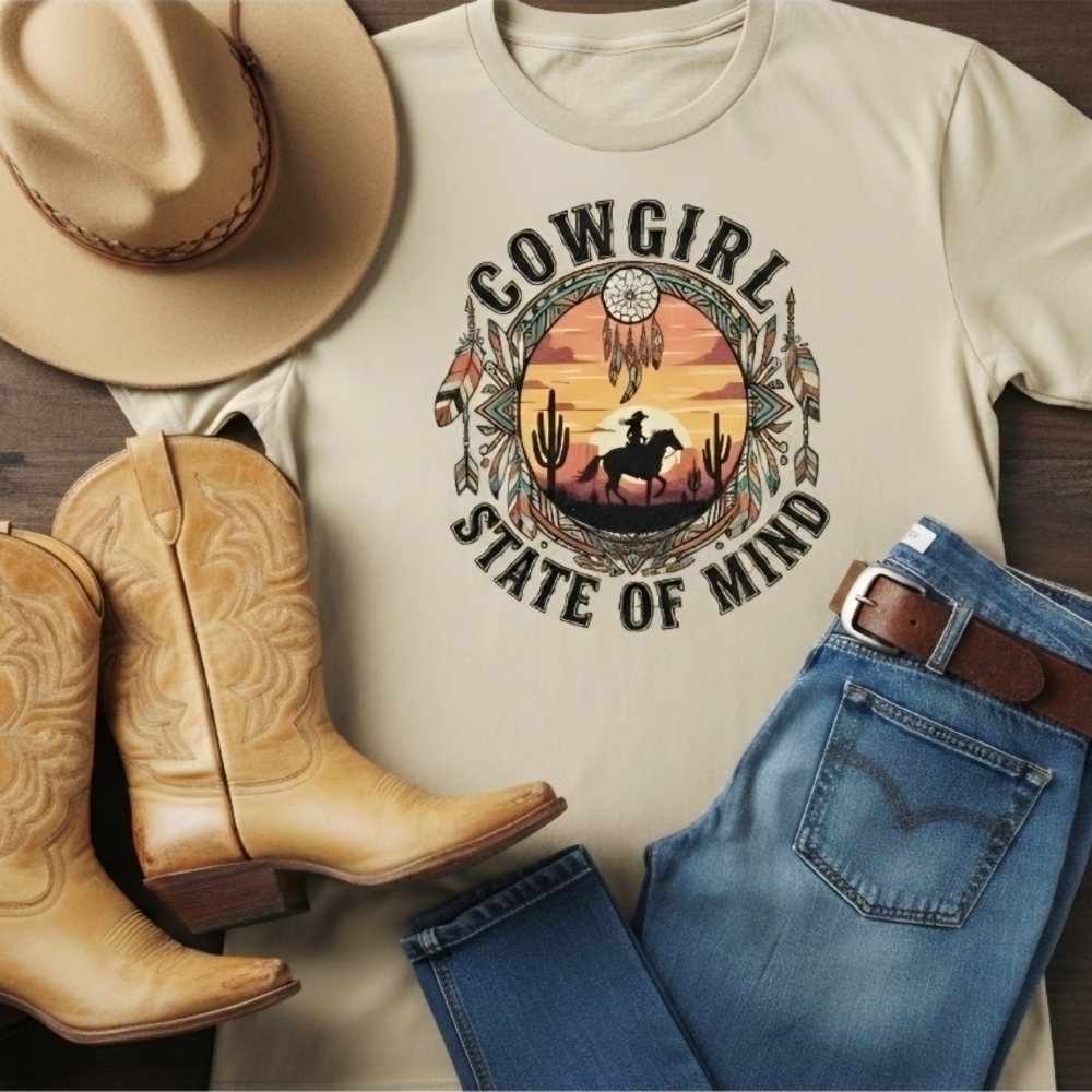 Cowgirl State of Mind Western Graphic Tee • Boho Cowgirl Shirt • Desert Sunset